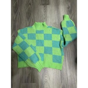My Michelle y2k Women's Green Blue Checkered Knit‎ Sweater Medium cozy cropped
